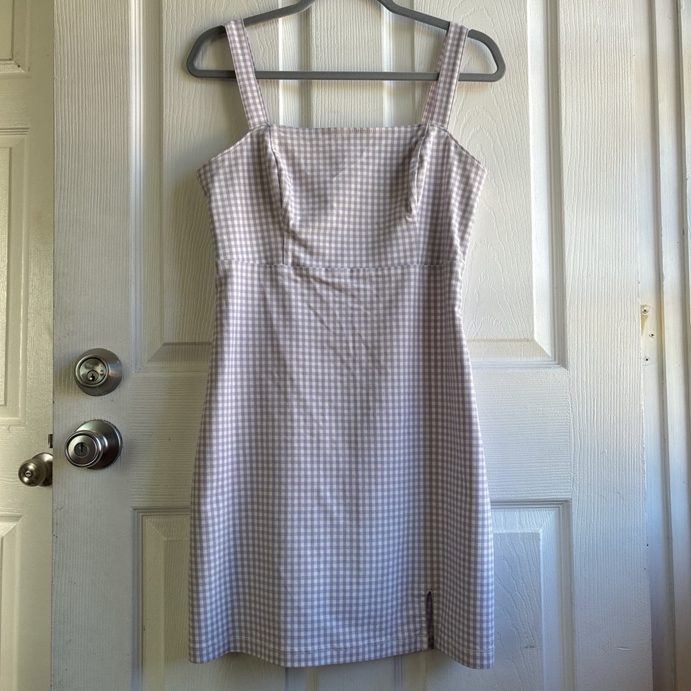 💜Hollister Purple White Gingham Mini Dress Square Neck-  Size M